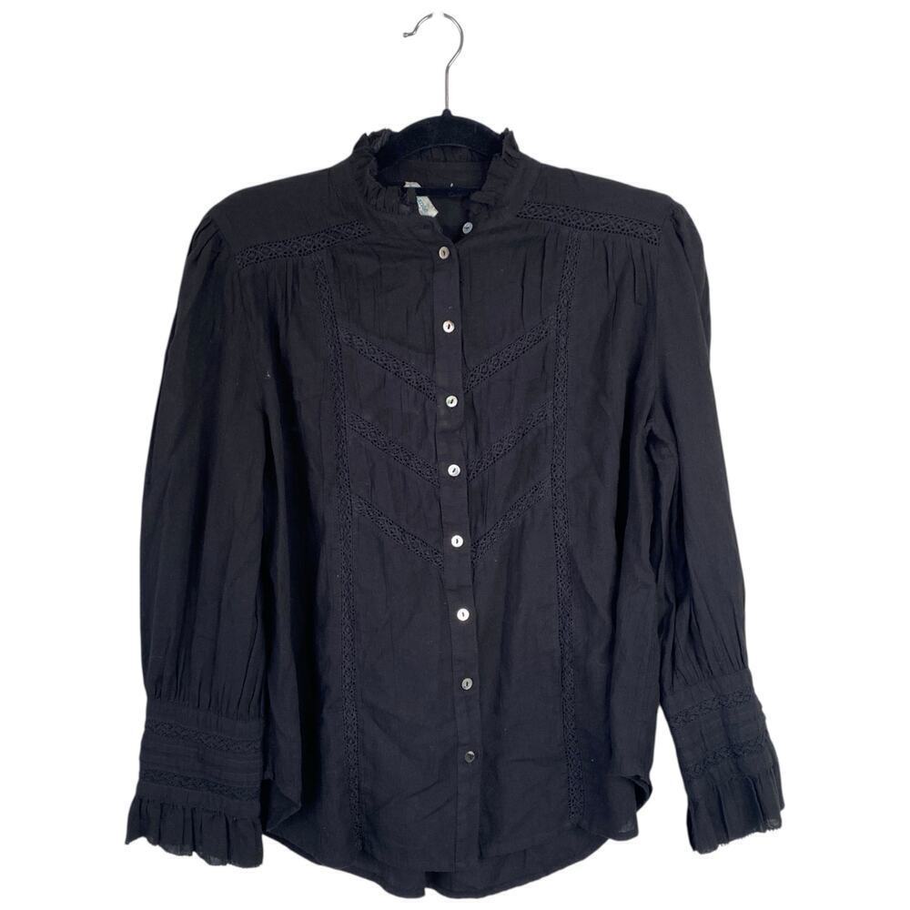 SUNDANCE Louisa Button Front Blouse Onyx Black Victorian Prairie Size Medium P